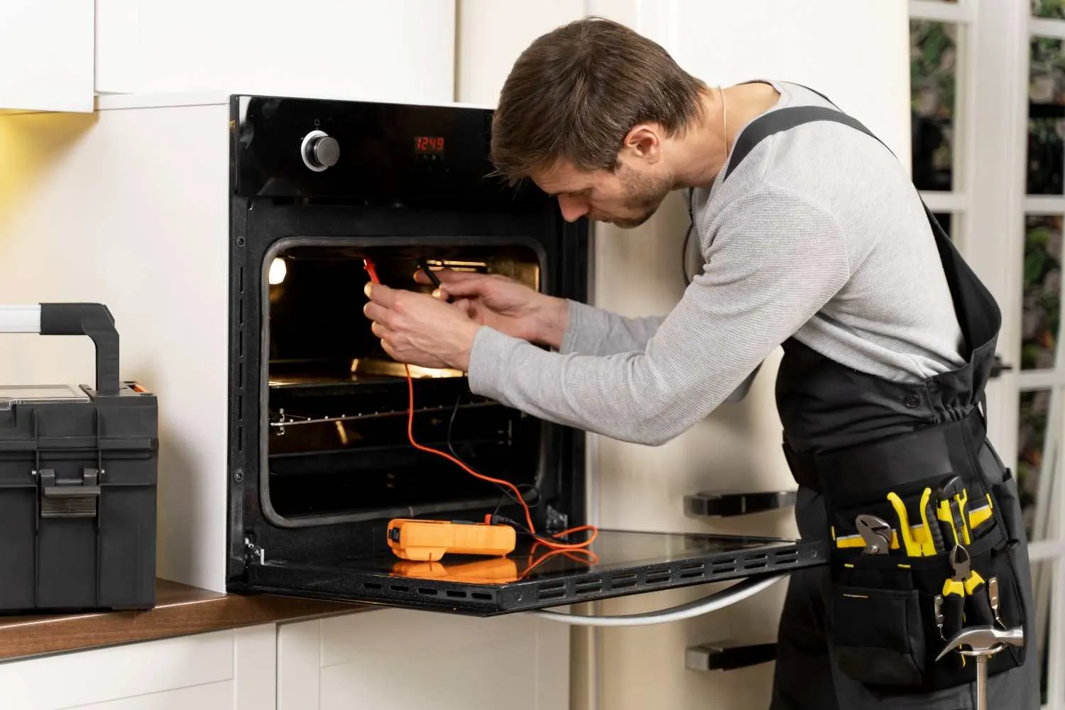 Technician testing the wiring inside a wall oven